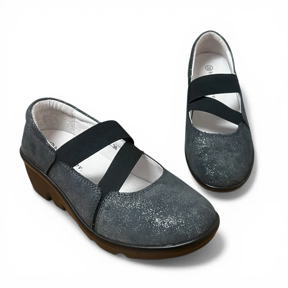 Bernie Mev Metallic Gray Leather Ballet Wedge Comfort Shoes Size 7 Whimsigoth
